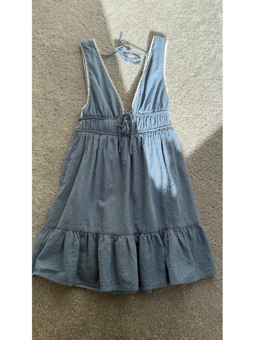 Women's blue lace trim tie front mini dress